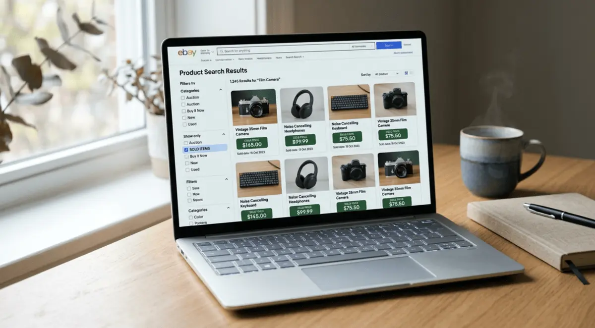 Laptop showing eBay style search results with the sold items filter turned on.