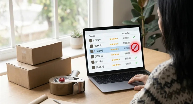 eBay seller blocking a bidder on a laptop, with one buyer marked with a red block icon in the bidder list