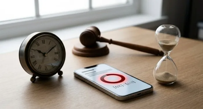 Clock, hourglass and auction gavel beside a phone countdown, showing how little time you have to retract an eBay bid