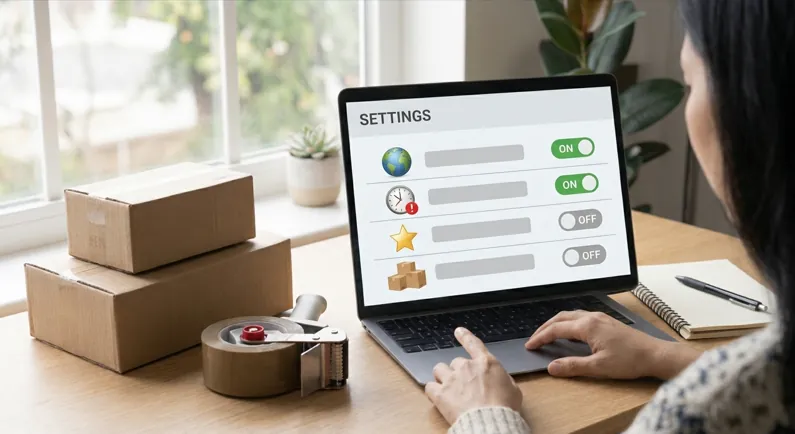 eBay buyer requirements settings on a laptop with toggles for shipping location, unpaid items, feedback score and item limits