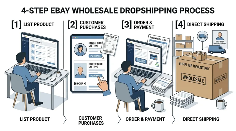 The 4-step eBay wholesale dropshipping process: list the product, the customer buys, you order and pay the supplier, the supplier ships direct to the buyer