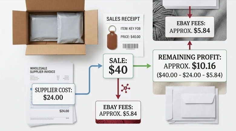 Worked eBay dropshipping profit example: a $40 sale minus $24 supplier cost and about $5.84 in eBay fees leaves about $10.16 profit
