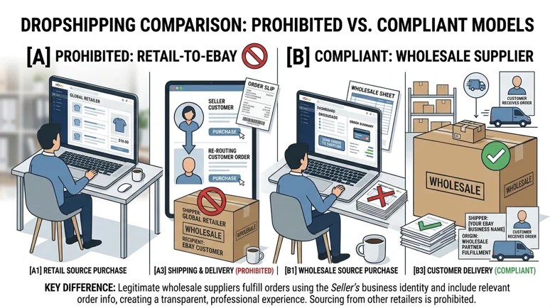 Side-by-side comparison of prohibited retail-to-eBay dropshipping and compliant wholesale supplier dropshipping on eBay