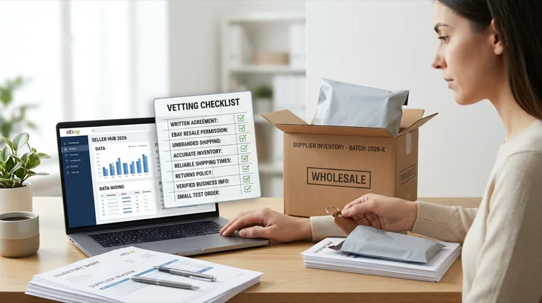eBay seller checking a wholesale supplier's test order against a vetting checklist: written agreement, resale permission, unbranded shipping, stock accuracy and returns