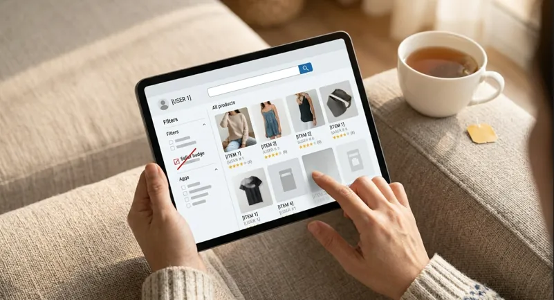 Buyer on a tablet filtering eBay search results to exclude a specific seller