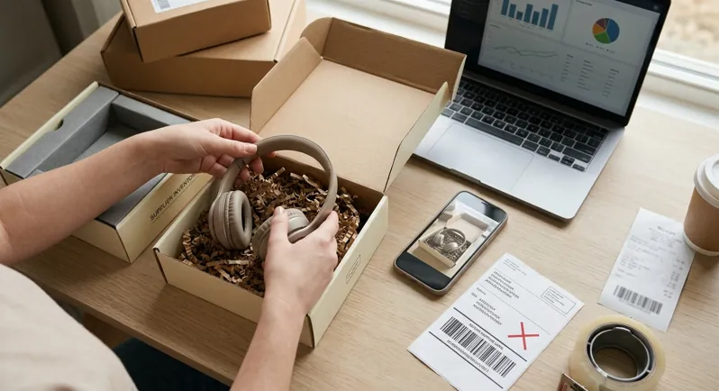 Seller inspecting the condition of a returned item next to the return shipping label