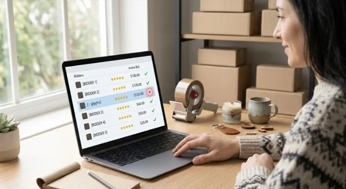Seller reviewing the bidder list on a laptop and cancelling one buyer's bid