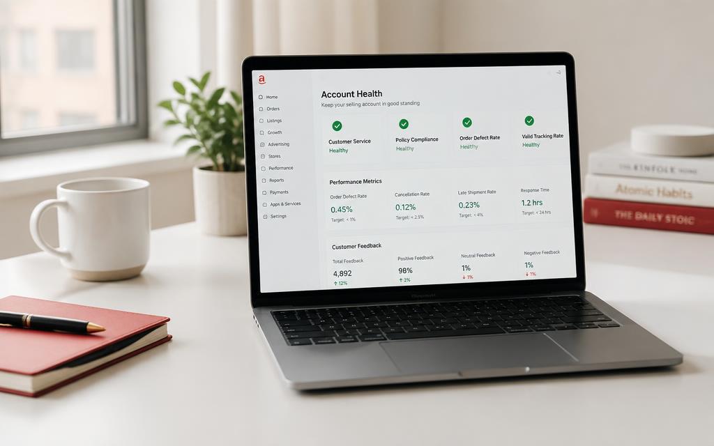Laptop showing an online seller account health dashboard with green status checkmarks